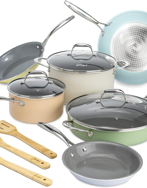 Load image into Gallery viewer, Ceramic Nonstick Pots and Pans Set, Titanium-Reinforced Premium Nonstick Coating, Dishwasher Safe Pots and Pans, Tempered Glass Steam Vented Lids, Stainless Steel Handles, 12-Piece, Mulitcolor
