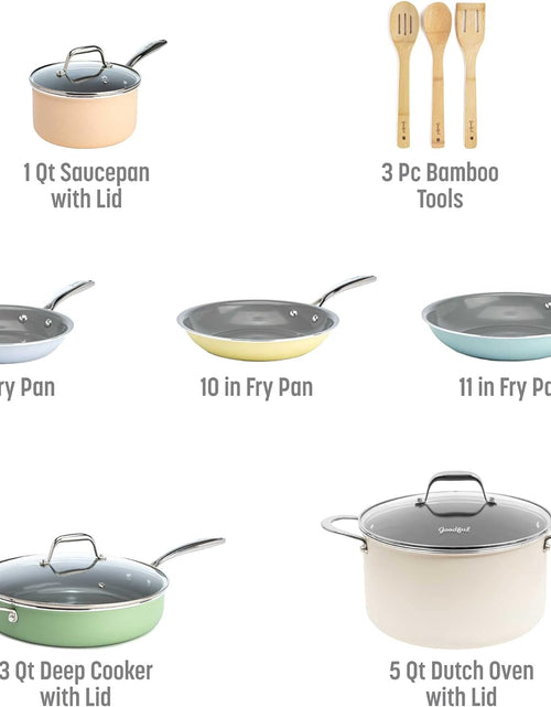 Load image into Gallery viewer, Ceramic Nonstick Pots and Pans Set, Titanium-Reinforced Premium Nonstick Coating, Dishwasher Safe Pots and Pans, Tempered Glass Steam Vented Lids, Stainless Steel Handles, 12-Piece, Mulitcolor
