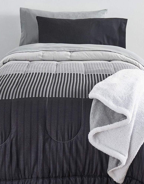 Load image into Gallery viewer, Preferred Dorm Essentials Value Pack - 23 Piece Twin XL Set | Twin XL | Comforter, Sheets, Pad, Topper, Towels, Organization, Storage | Preston Black and Gray | Graphic Black, Gray and White
