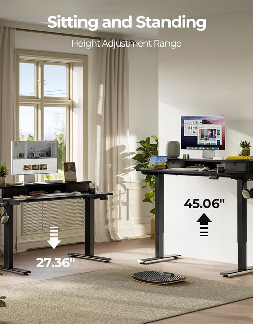 Load image into Gallery viewer, 55 X 24 Inch Height Adjustable Electric Standing Desk with Double Drawer, Stand up Home Office Computer Desk with 4 Height-Adjustable Feets &amp; 2 Hooks, Black
