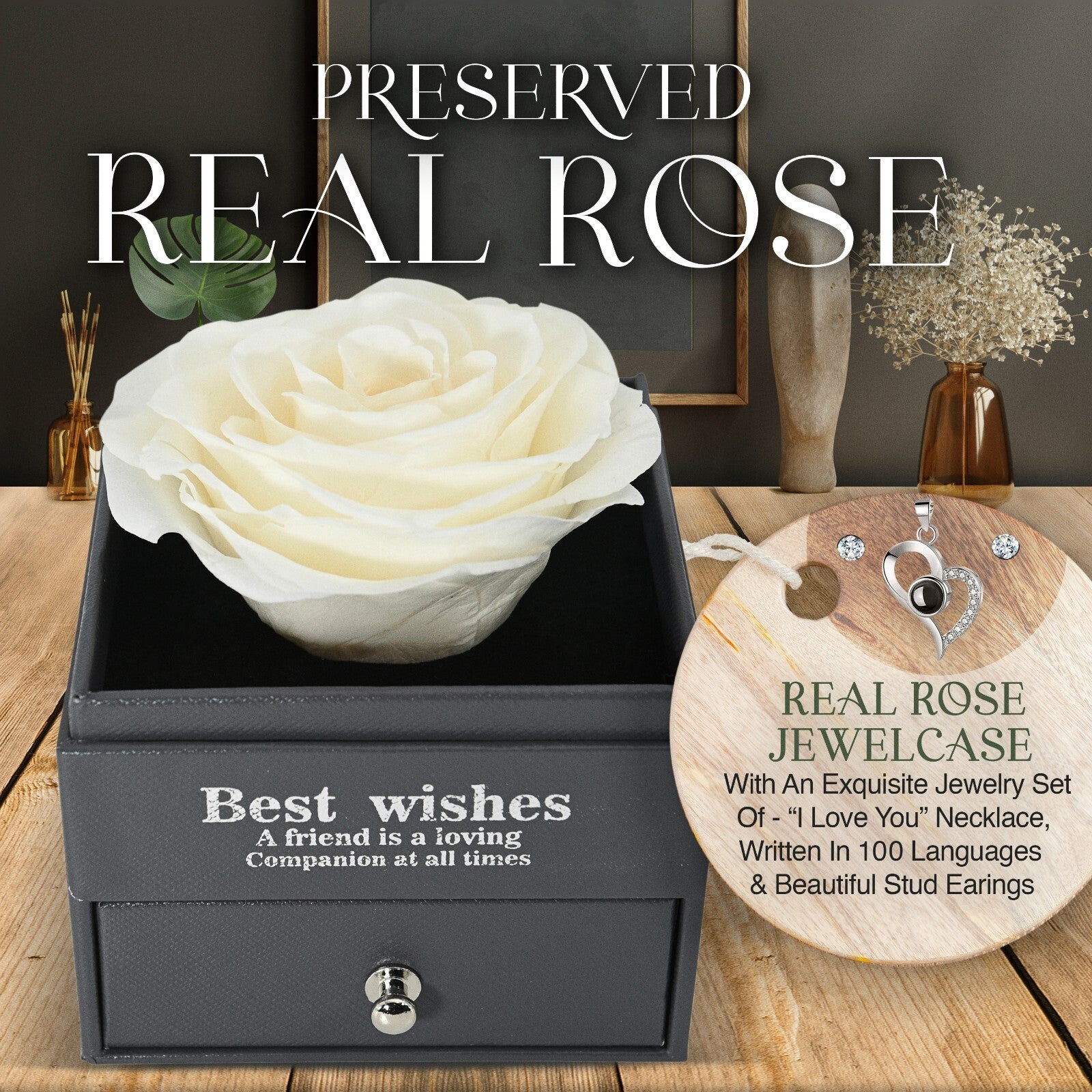 Glamour Boutique Preserved Rose in a Box with I Love You Necklace in 100 Languag