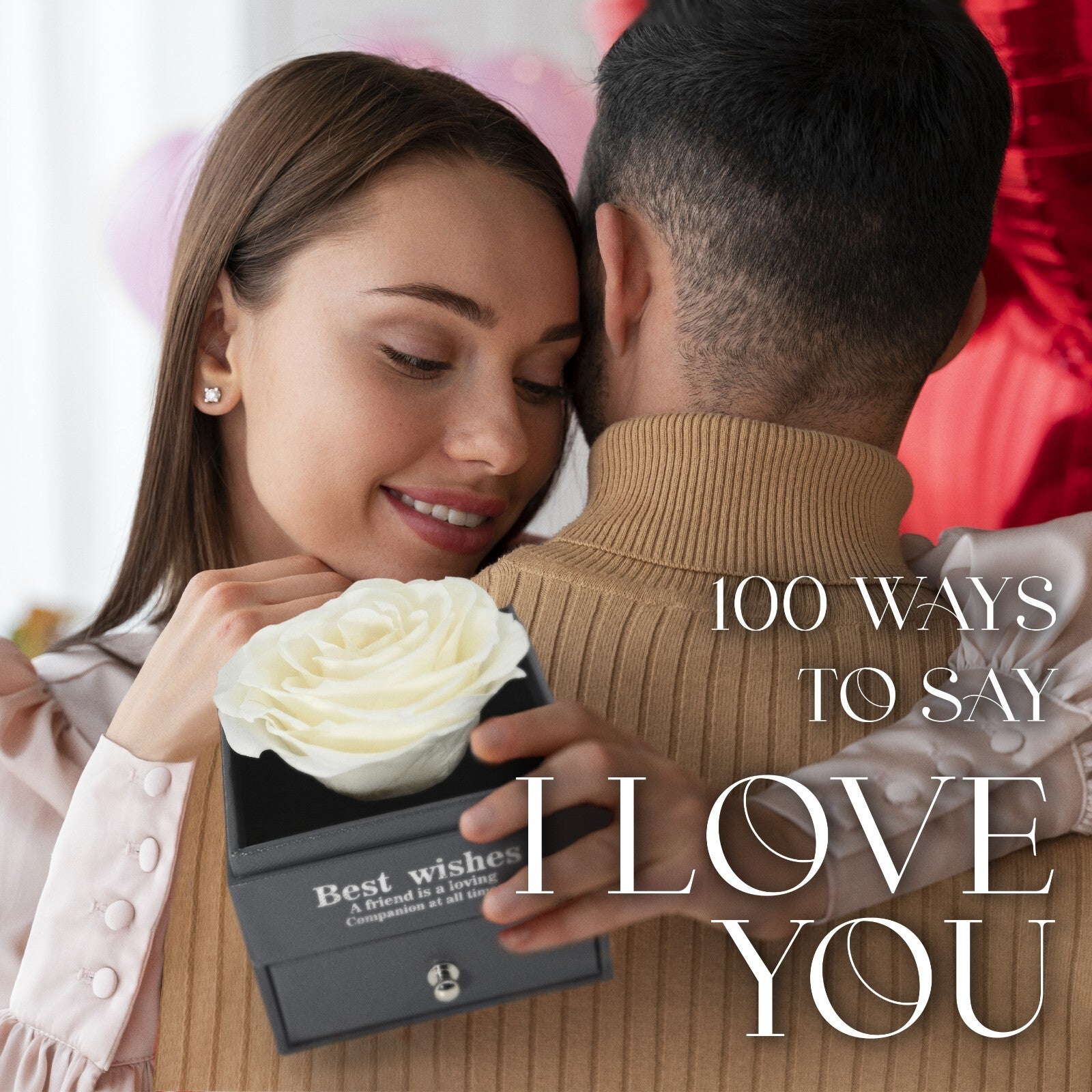 Glamour Boutique Preserved Rose in a Box with I Love You Necklace in 100 Languag