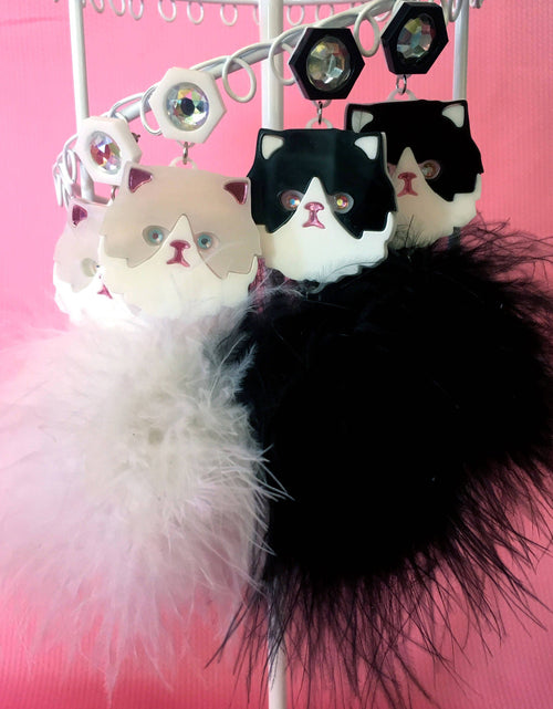 Load image into Gallery viewer, Persian Kitty Cat And Pom Pom Earrings In White Or Black &amp; White, Laser Cut Acrylic, Plastic Jewelry
