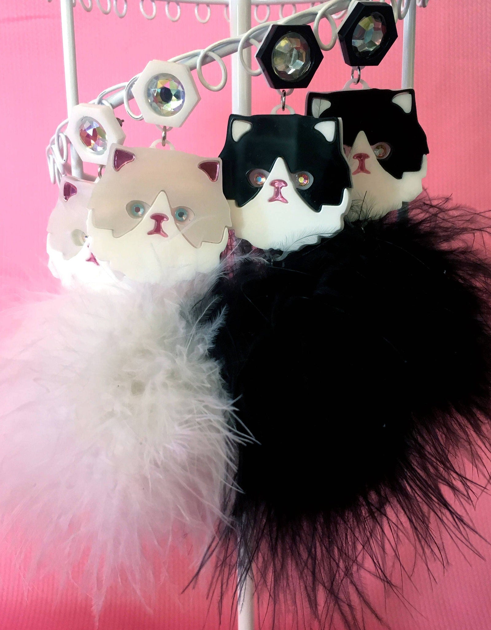 Persian Kitty Cat And Pom Pom Earrings In White Or Black & White, Laser Cut Acrylic, Plastic Jewelry