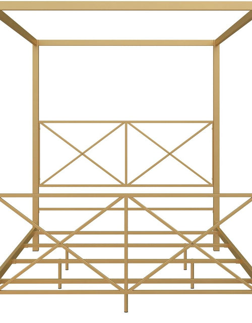Load image into Gallery viewer, Rosedale Metal Canopy Bed Frame with Four Poster Design and Geometric Accented Headboard and Footboard, Underbed Storage Space, Queen, Gold
