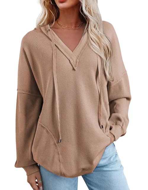 Load image into Gallery viewer, AlvaQ Women Hoodies Sweatshirts with Pockets Fashion 2024 Fall Winter Oversized Pullover Tunic Sweatshirt Ribbed Long Sleeve Waffle Knit Hooded Tops Beige Large
