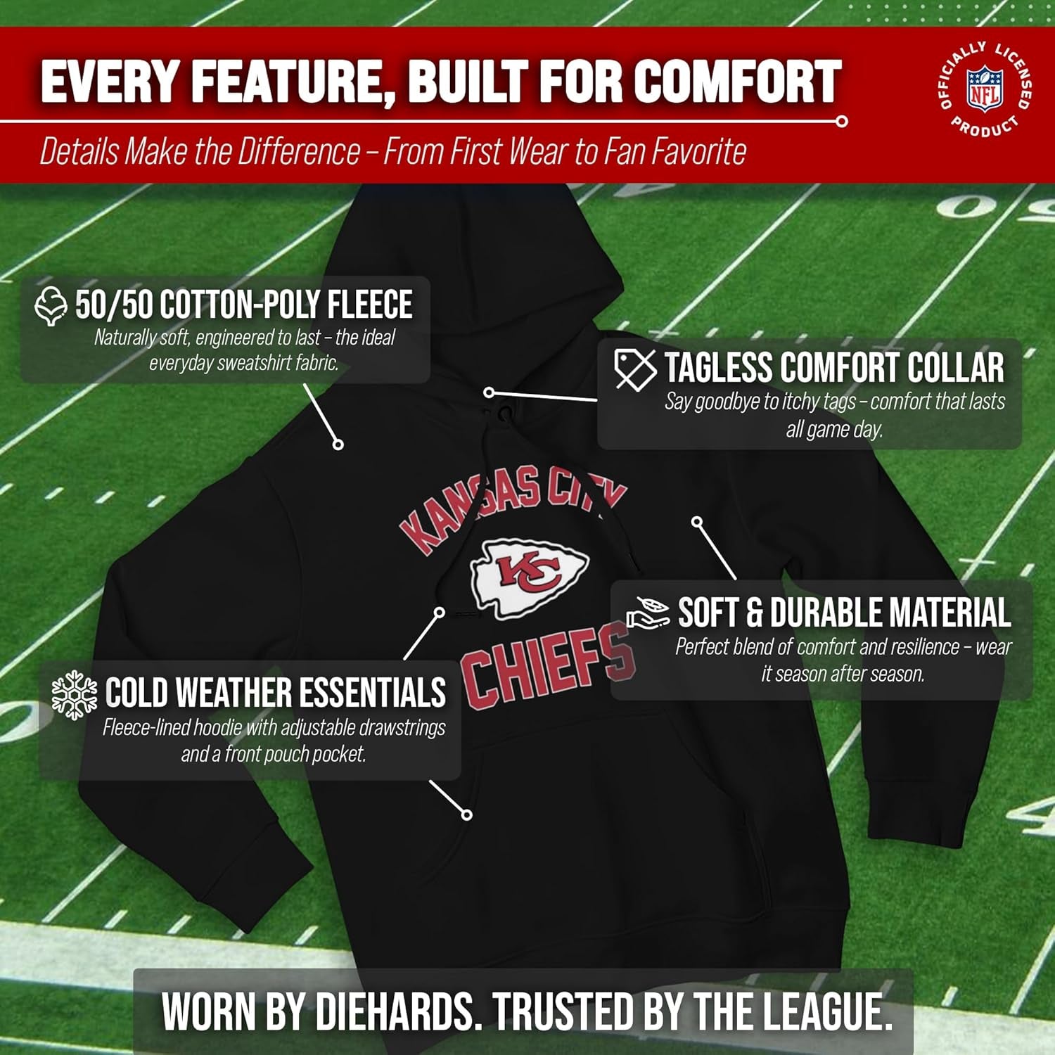 NFL Adult Gameday Hooded Sweatshirt - Poly Fleece Cotton Blend - Stay Warm and Represent Your Team in Style