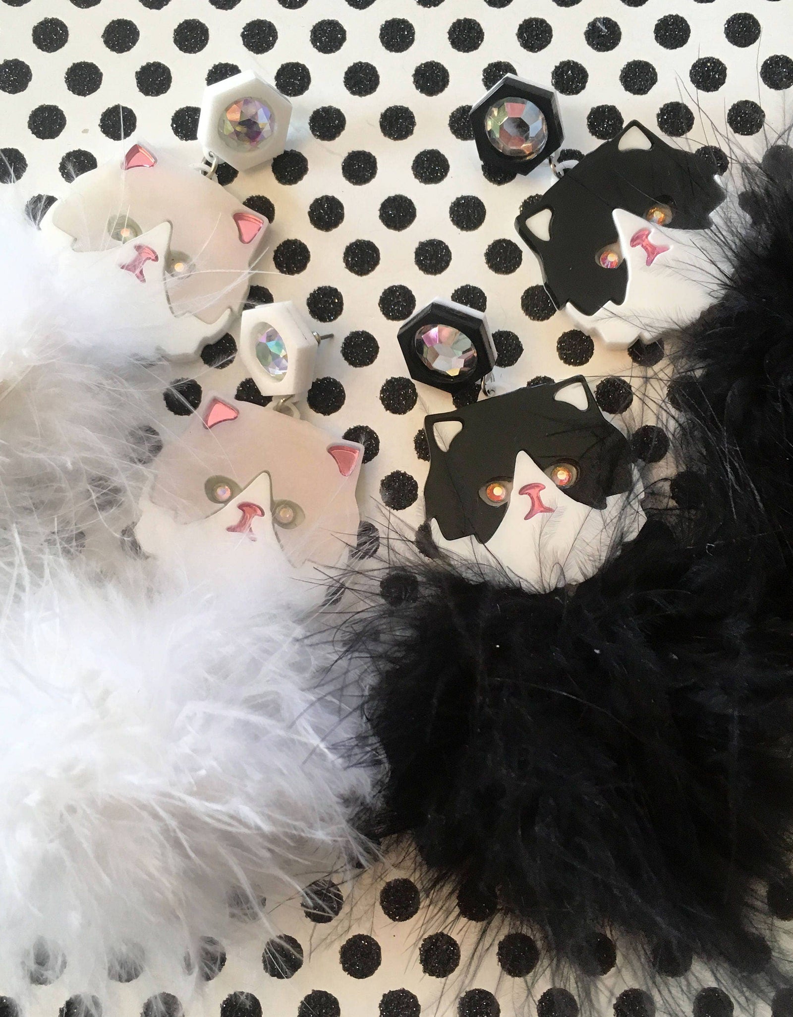 Persian Kitty Cat And Pom Pom Earrings In White Or Black & White, Laser Cut Acrylic, Plastic Jewelry