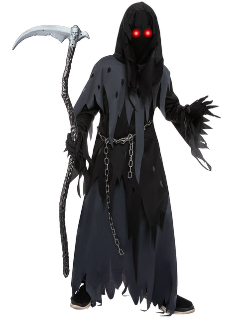 Load image into Gallery viewer, Glowing Eyes Grim Reaper Costume for Kids, Dark Knight Reaper Phantom Costume for Halloween Dress up Role Playing Cosplay 5-12 Years
