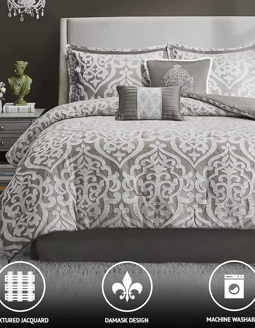 Load image into Gallery viewer, Tesla Cozy Comforter Set Jacquard Damask Medallion Design - All Season down Alternative Bedding, Shams, Bedskirt, Decorative Pillows, Queen, Silver 6 Piece
