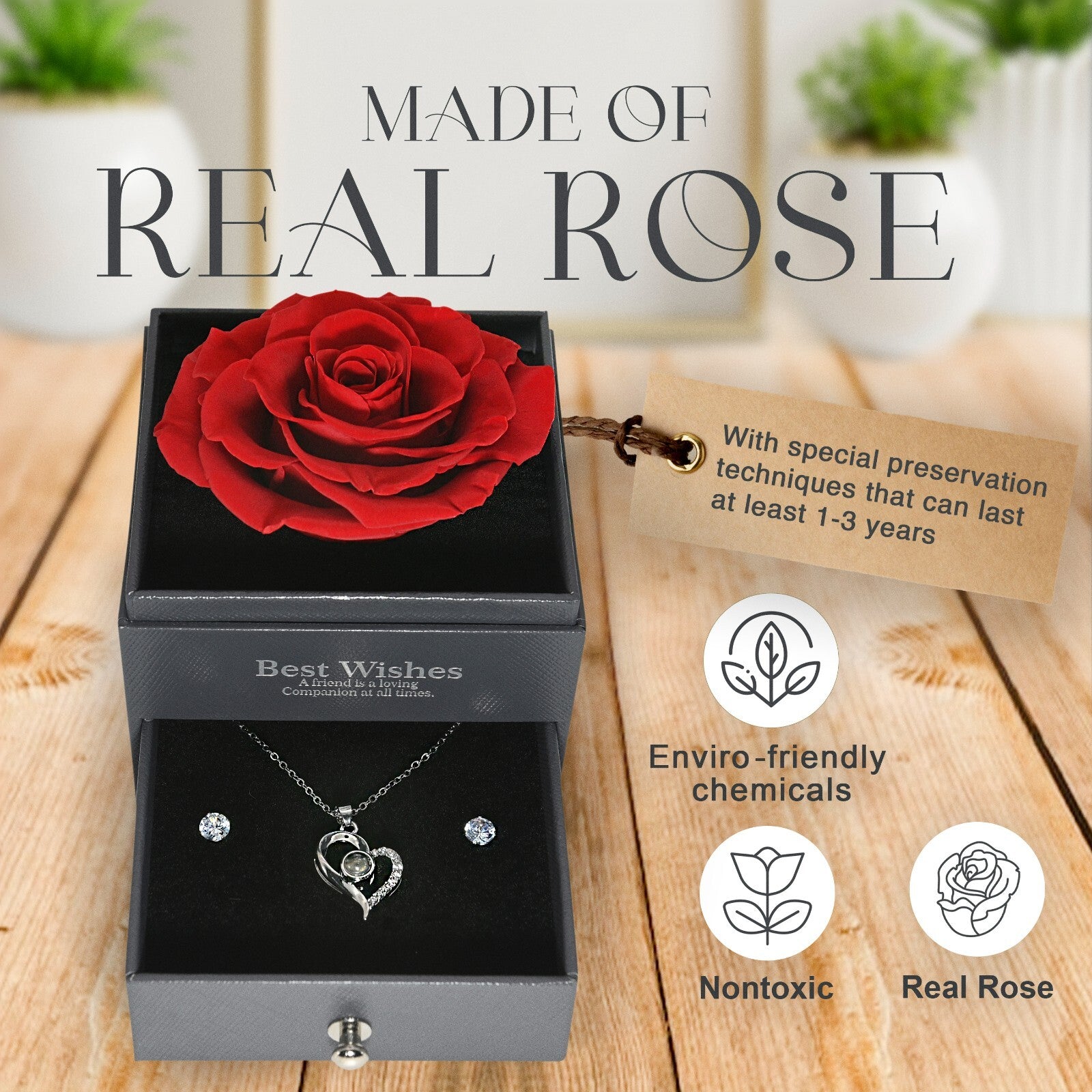 Glamour Boutique Preserved Rose in a Box with I Love You Necklace in 100 Languag