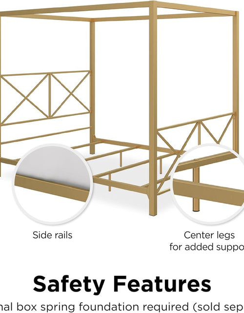 Load image into Gallery viewer, Rosedale Metal Canopy Bed Frame with Four Poster Design and Geometric Accented Headboard and Footboard, Underbed Storage Space, Queen, Gold

