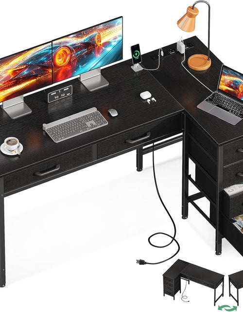 Load image into Gallery viewer, 50 Inch L Shaped Desk with Drawers, Computer Desk with Power Outlets, Home Office Desk with 6 Drawers, Reversible Corner Desk for Small Space, Study Work Table with Hook, Black
