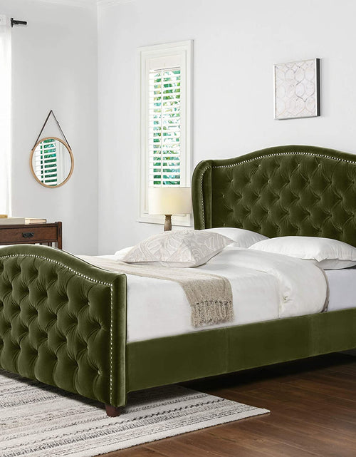 Load image into Gallery viewer, Marcella Upholstered Shelter Headboard Bed Set, Queen, Olive Green Performance Velvet
