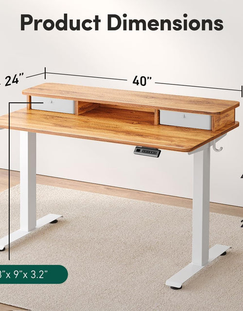 Load image into Gallery viewer, 40 X 24 Inch Height Adjustable Electric Standing Desk with Double Drawer, Computer Desk, Home Office Stand up Table with 4 Height-Adjustable Feets &amp; 2 Hooks, Light Rustic
