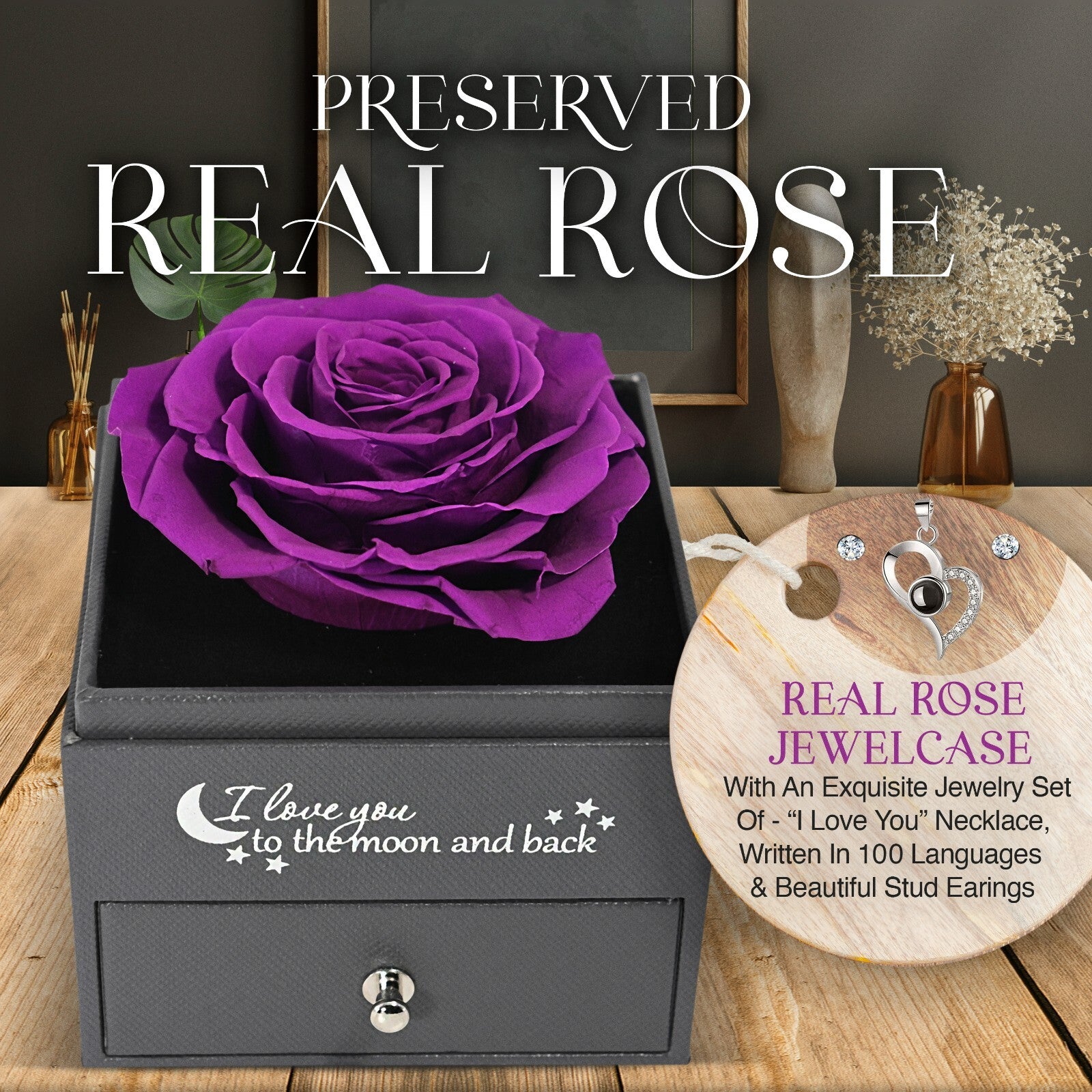 Glamour Boutique Preserved Rose in a Box with I Love You Necklace in 100 Languag