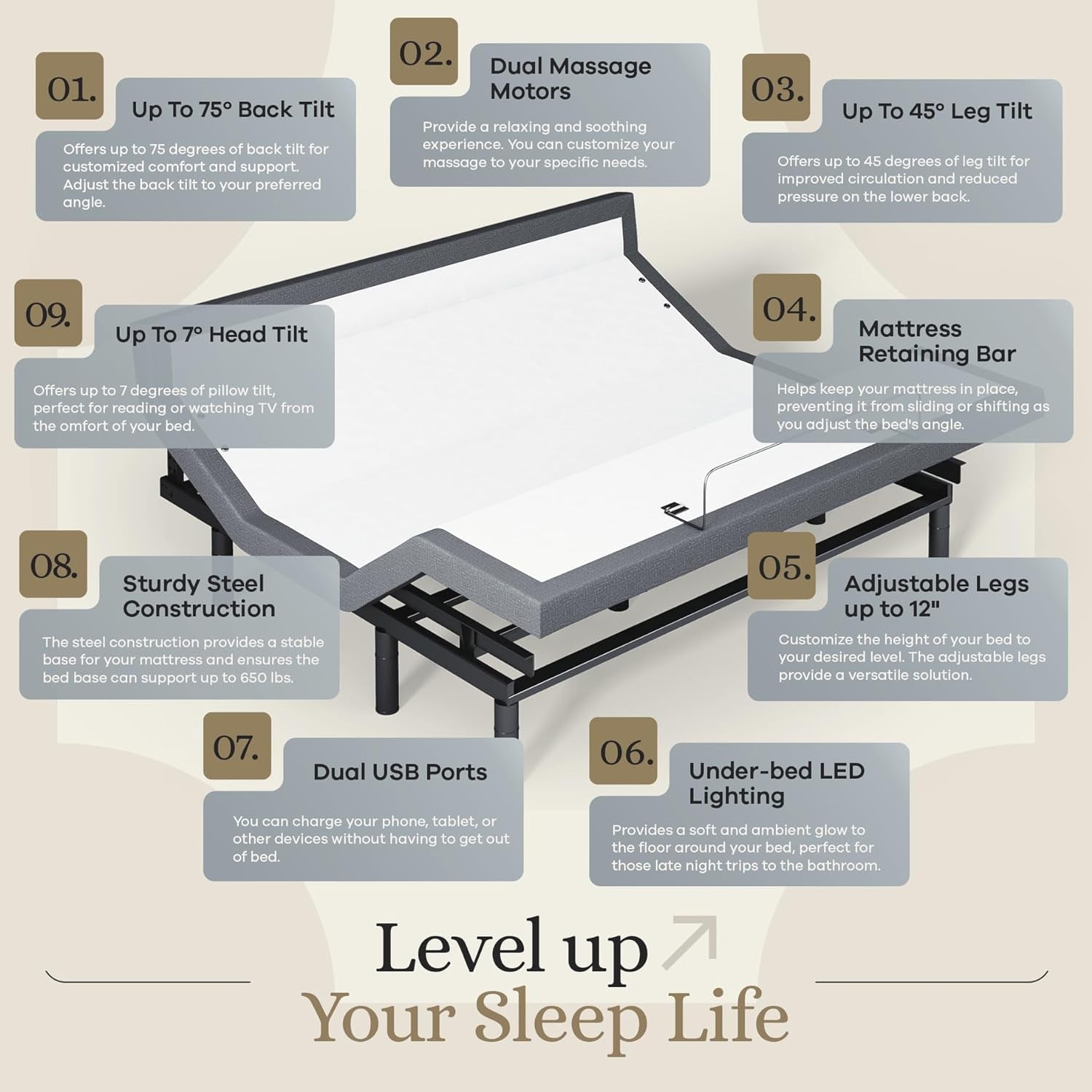 Harmony Adjustable Bed Base, Head and Foot Lift, Massage, Under-Bed Lights, USB, Gel Memory, Zero Gravity Smart Frame - King