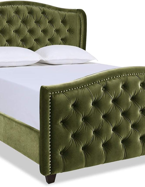 Load image into Gallery viewer, Marcella Upholstered Shelter Headboard Bed Set, Queen, Olive Green Performance Velvet
