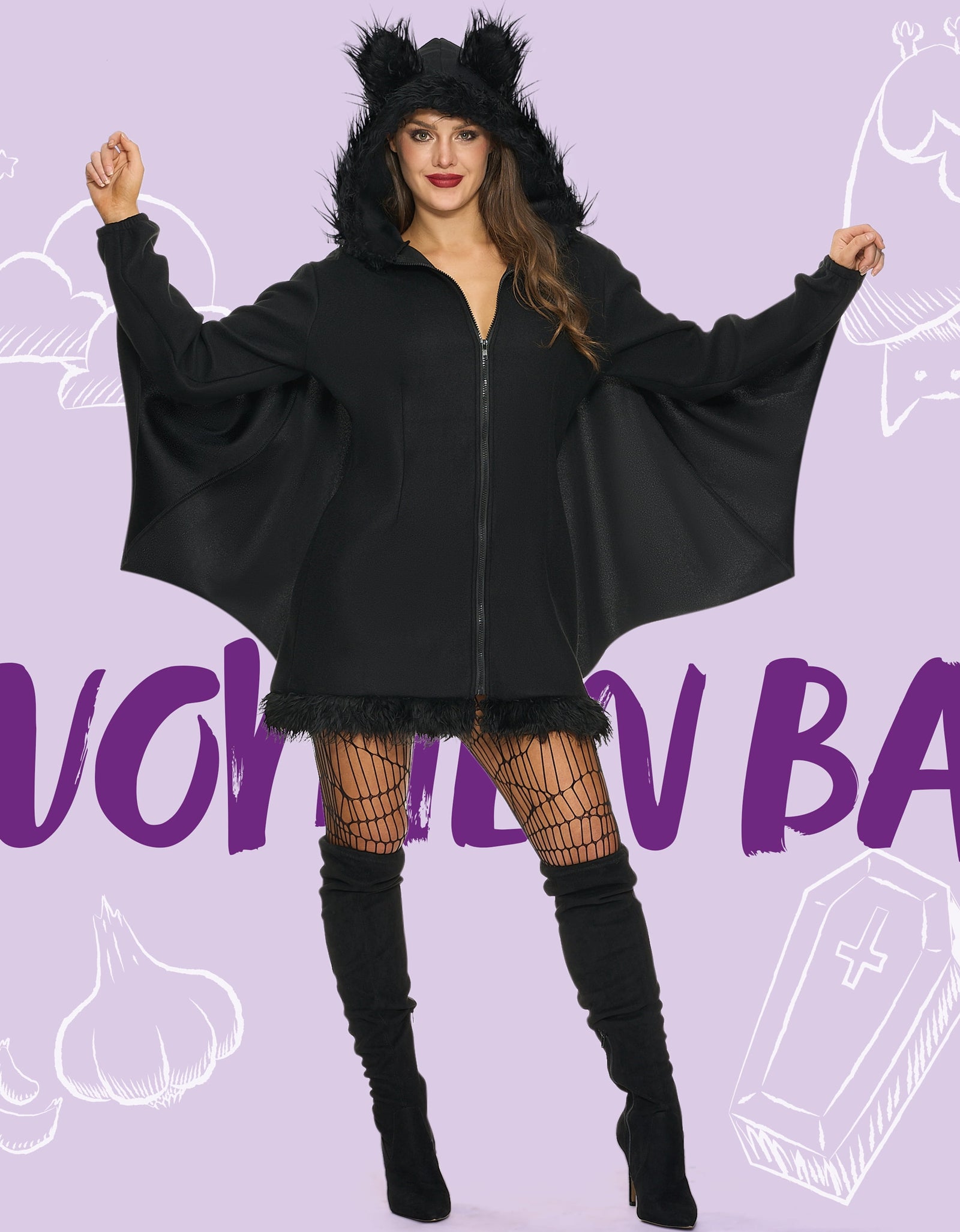 Womens Black Bat Zip Hoodie Halloween Costumes for Adults, Bat Halloween Costume Cosplay