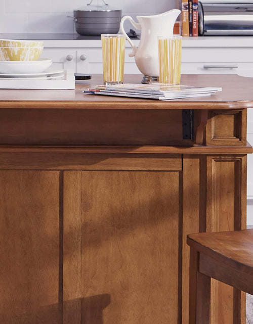 Load image into Gallery viewer, Americana Cottage Oak 3-Piece Kitchen Island Set with Hardwood Drop Leaf Top and Two Counter Stools
