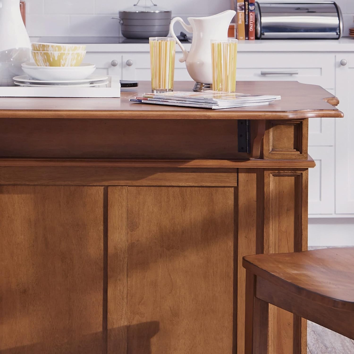 Americana Cottage Oak 3-Piece Kitchen Island Set with Hardwood Drop Leaf Top and Two Counter Stools