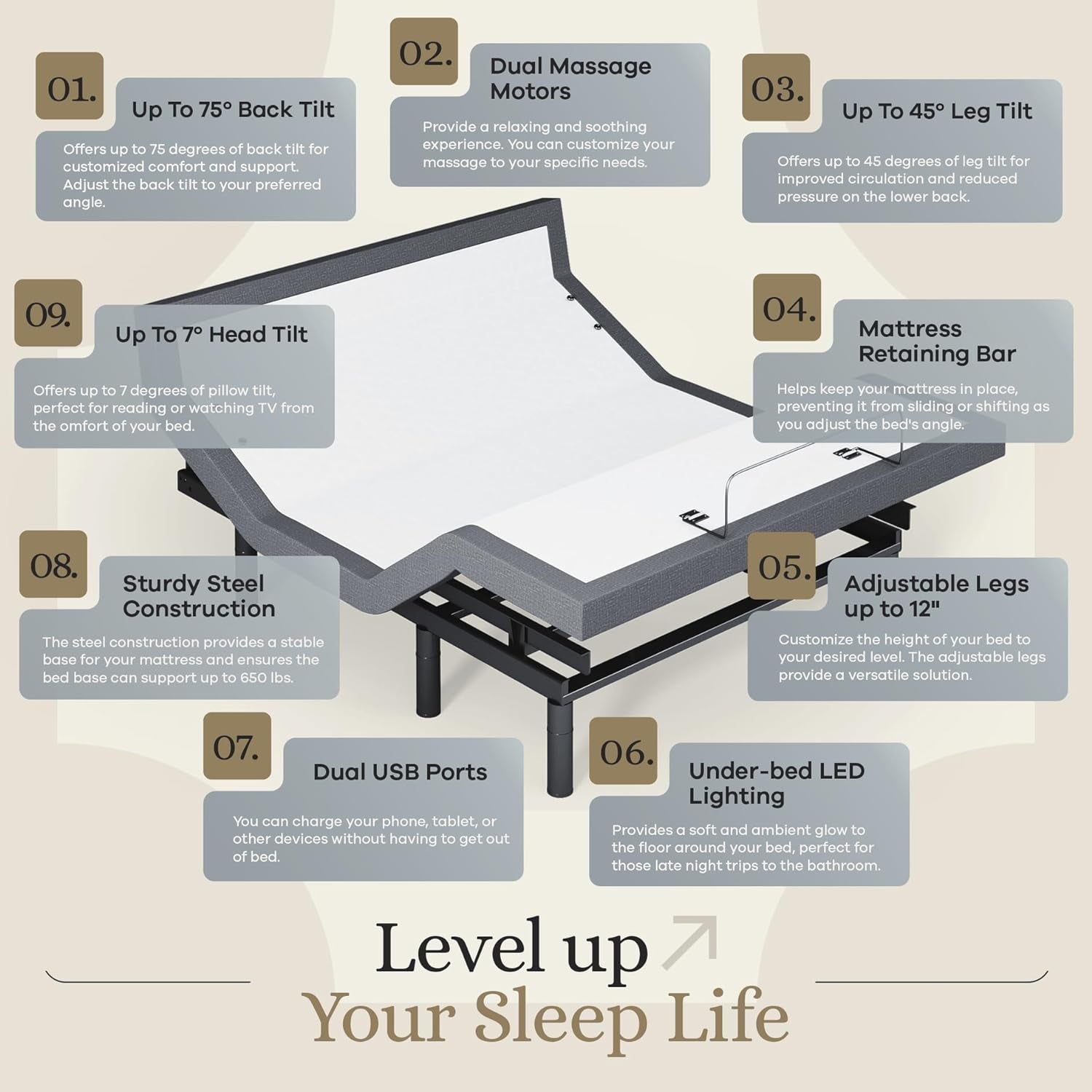 Harmony Adjustable Bed Base, Head and Foot Lift, Massage, Under-Bed Lights, USB, Gel Memory, Zero Gravity Smart Frame - Full