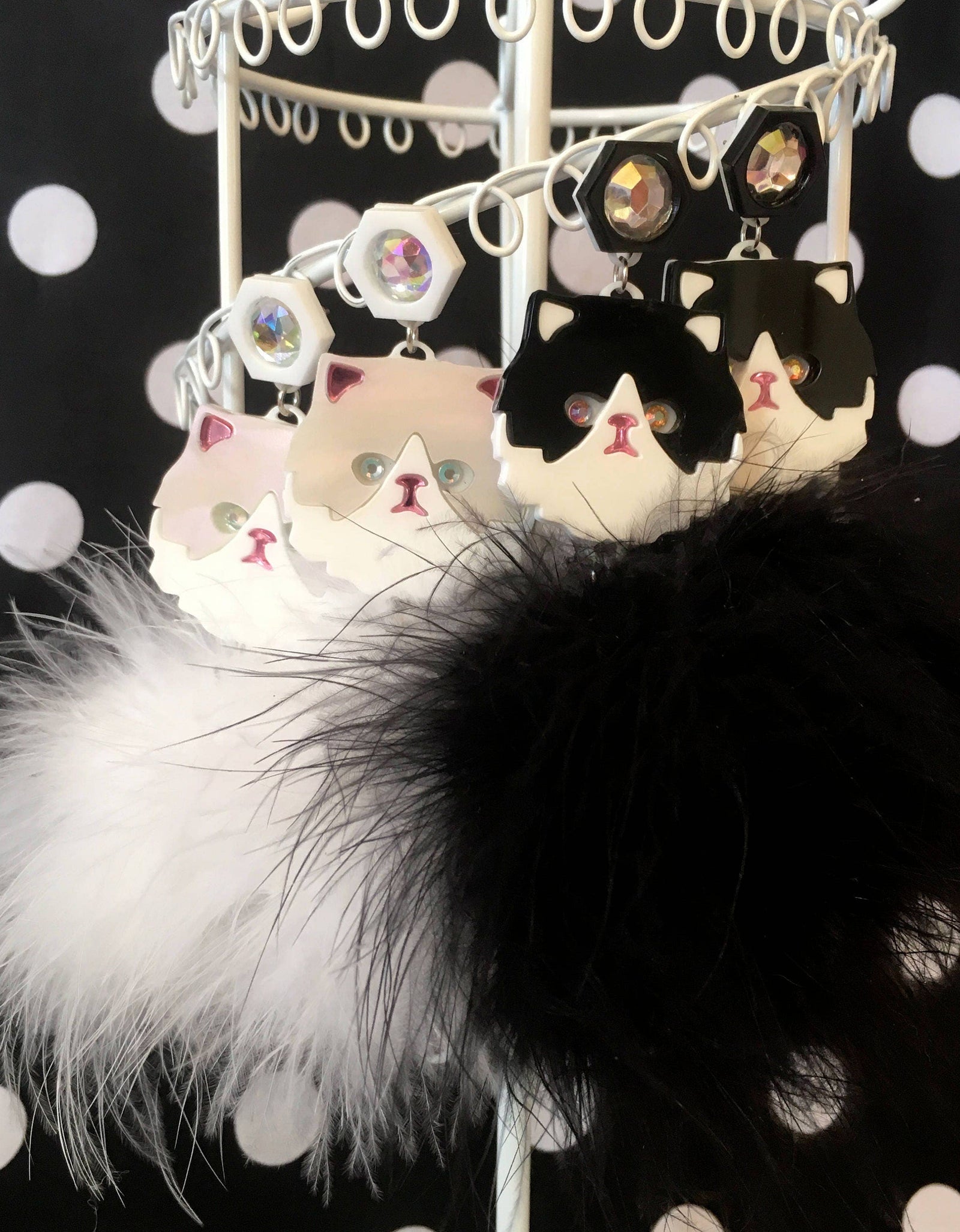 Persian Kitty Cat And Pom Pom Earrings In White Or Black & White, Laser Cut Acrylic, Plastic Jewelry