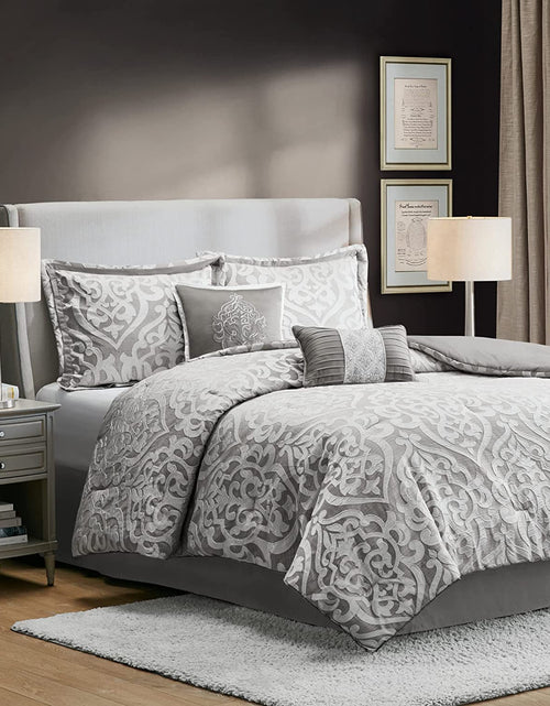 Load image into Gallery viewer, Tesla Cozy Comforter Set Jacquard Damask Medallion Design - All Season down Alternative Bedding, Shams, Bedskirt, Decorative Pillows, Queen, Silver 6 Piece
