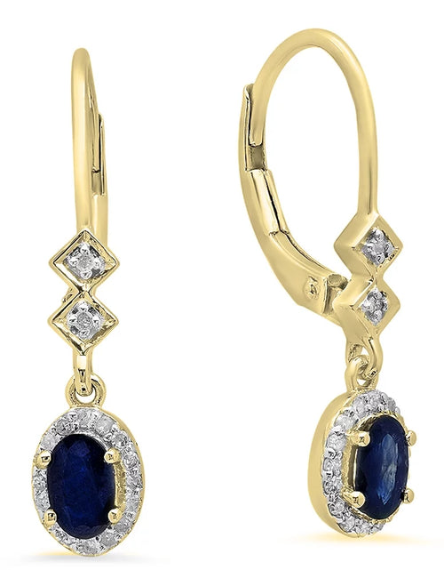 Load image into Gallery viewer, Collection 5X3Mm Each Oval Blue Sapphire &amp; round Diamond Drop Earring, 10K Yellow Gold
