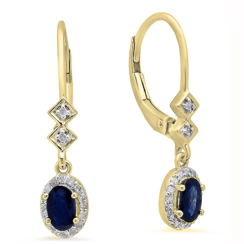 Collection 5X3Mm Each Oval Blue Sapphire & round Diamond Drop Earring, 10K Yellow Gold