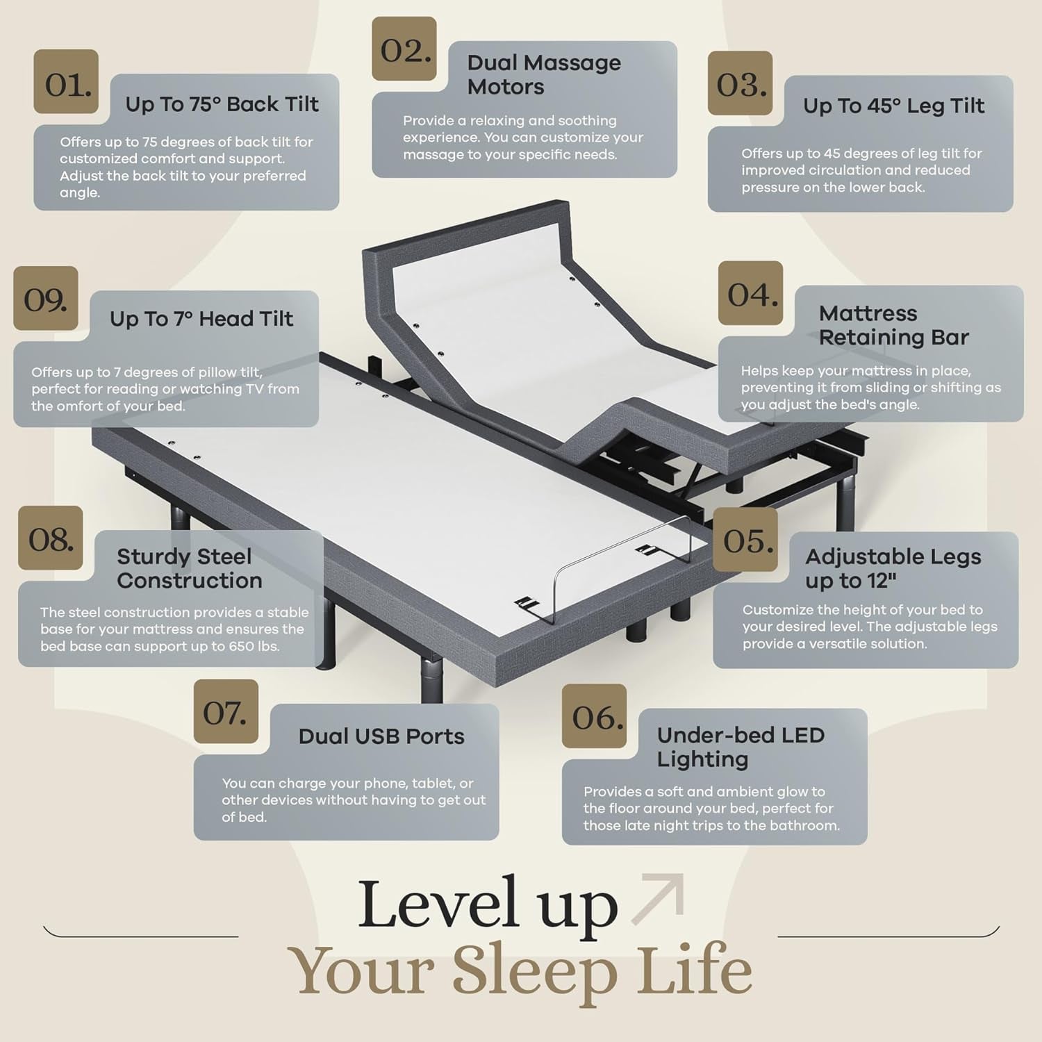 Harmony Adjustable Bed Base, Head and Foot Lift, Massage, Under-Bed Lights, USB, Gel Memory, Zero Gravity Smart Frame - Split King