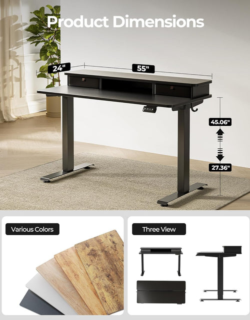 Load image into Gallery viewer, 55 X 24 Inch Height Adjustable Electric Standing Desk with Double Drawer, Stand up Home Office Computer Desk with 4 Height-Adjustable Feets &amp; 2 Hooks, Black
