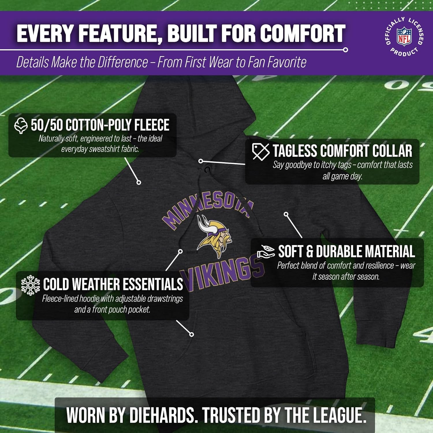 NFL Adult Gameday Hooded Sweatshirt - Poly Fleece Cotton Blend - Stay Warm and Represent Your Team in Style