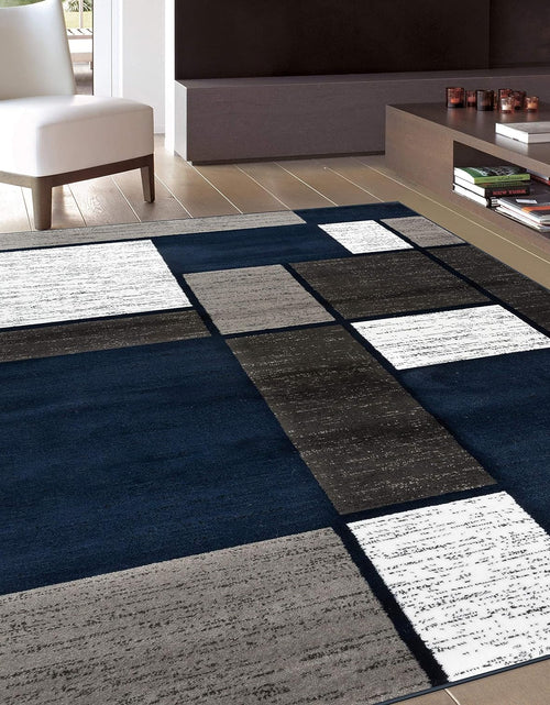 Load image into Gallery viewer, Modern Geometric Boxes Navy Area Rug, Fade-Resistant Carpet for Large Living Room, Bedroom, or Open Space, 10&#39; X 14&#39;
