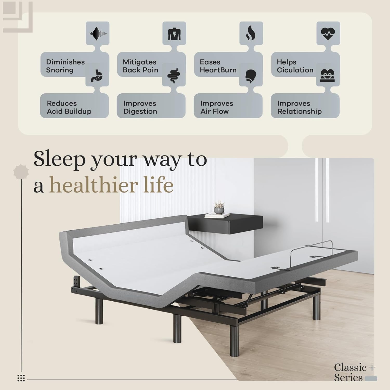 Harmony Adjustable Bed Base, Head and Foot Lift, Massage, Under-Bed Lights, USB, Gel Memory, Zero Gravity Smart Frame - Full