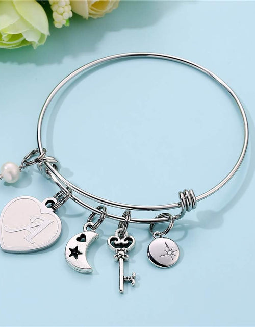 Load image into Gallery viewer, Initial Charm Bracelets for Women Gifts - Engraved 26 Letters Initial Charms Bracelet Stainless Steel Bangle Bracelet Birthday Christmas Jewelry Gift for Women Teen Girls
