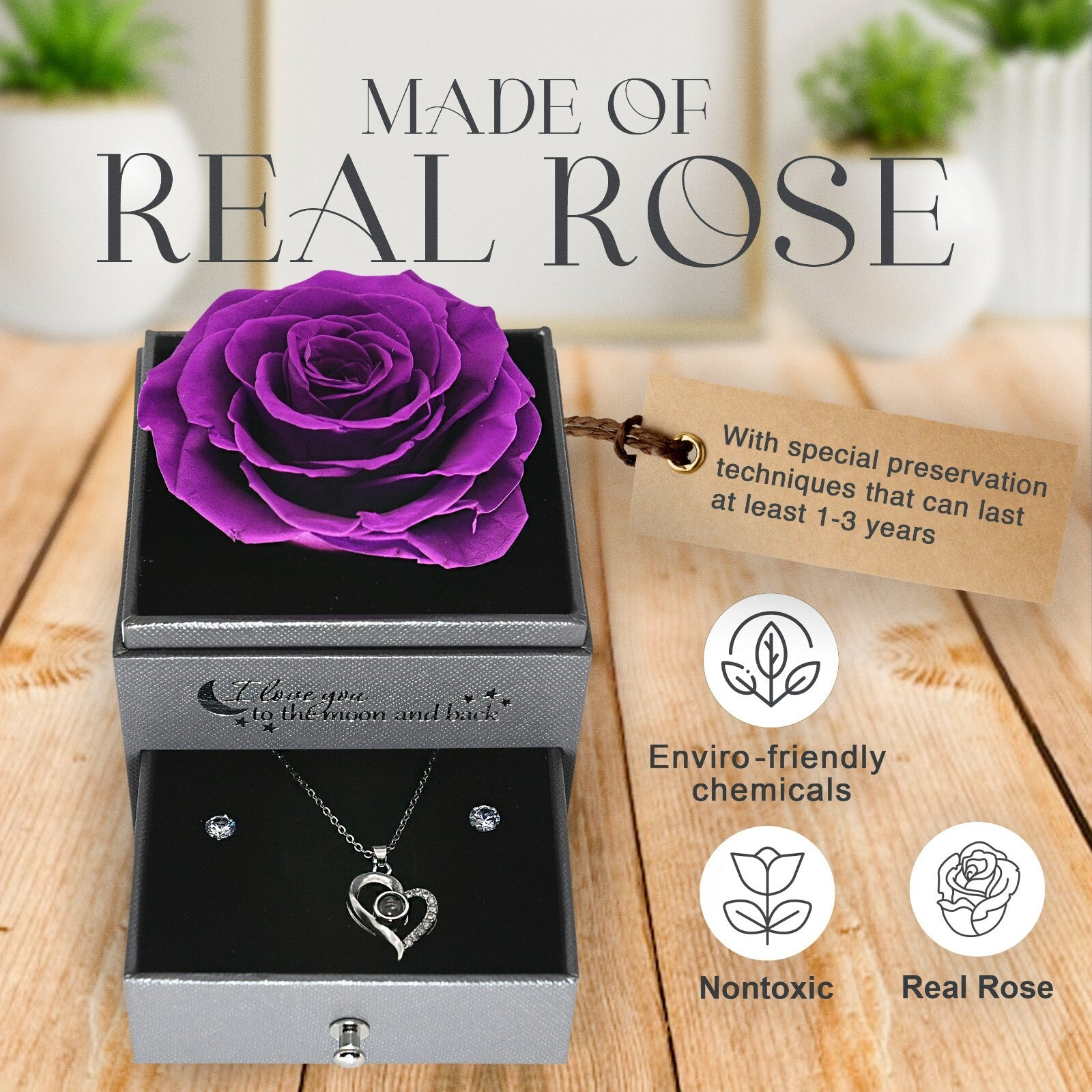 Glamour Boutique Preserved Rose in a Box with I Love You Necklace in 100 Languag