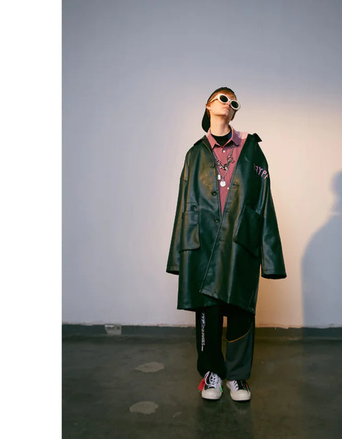 Load image into Gallery viewer, Men&#39;s Long Color Block Printed Leather Jacket
