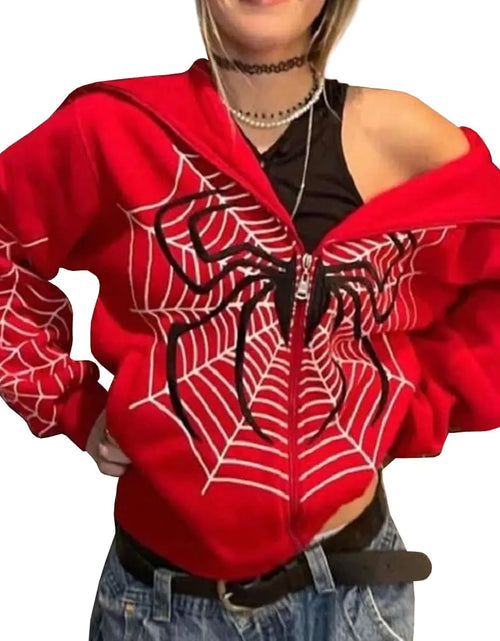 Load image into Gallery viewer, EMILYLE Women Women Y2K Halloween Hoodies Personalized Zip Up Long Sleeve Hooded Jacket Harajuku Outwear(1redS)
