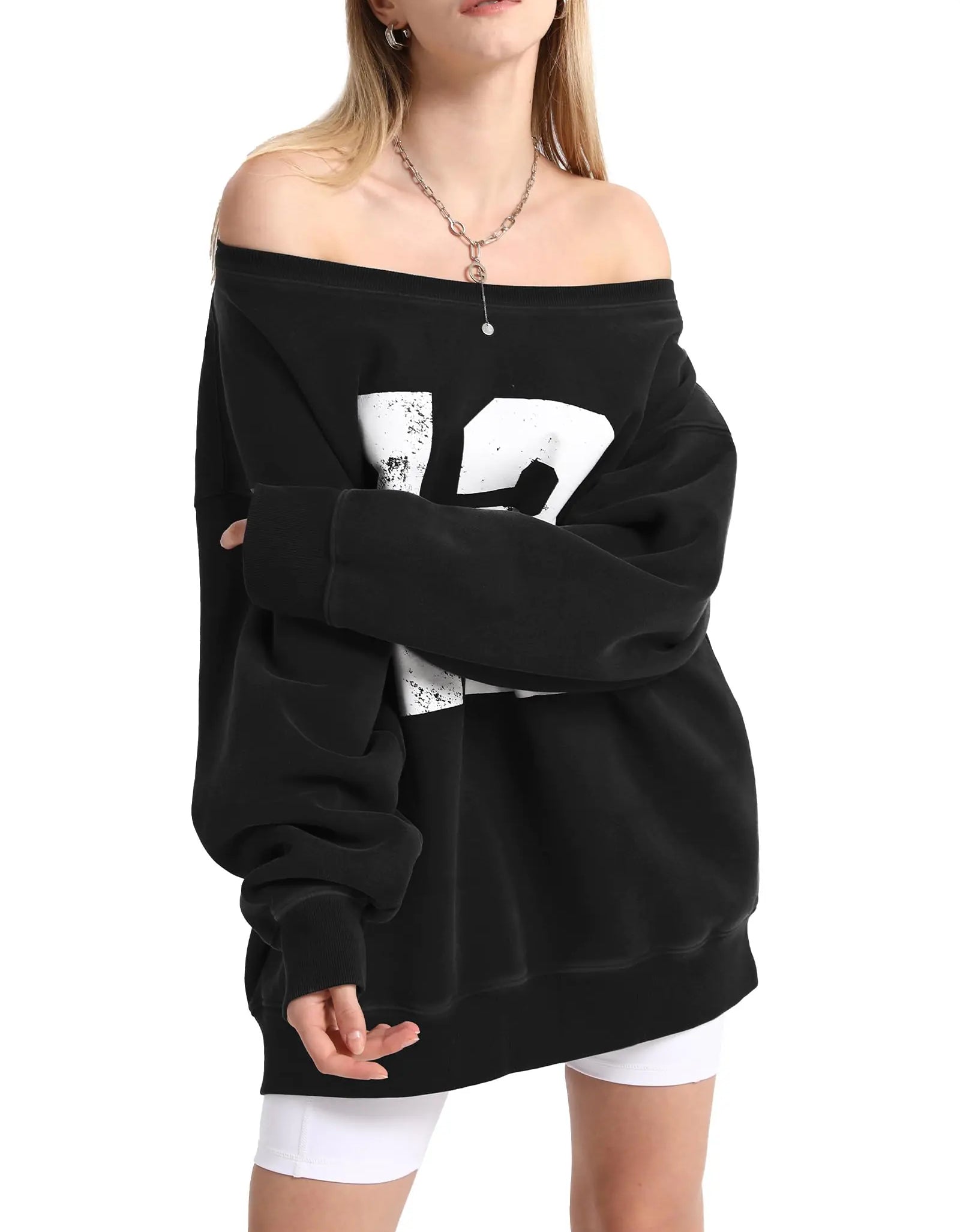 Hatant Womens Oversized Sweatshirts Graphic Off The Shoulder Sweatshirts Heavyweight Hoodies Y2K Numeric Print Fleece Hoodies for Women Rugby Sweatshirt Jerseys Football Clothing for Women